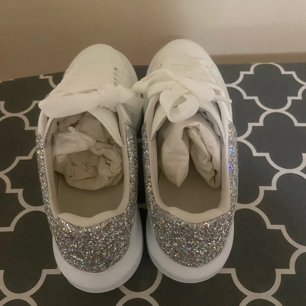 Alexander McQueen White Sneakers with Silver Glitter Heel
